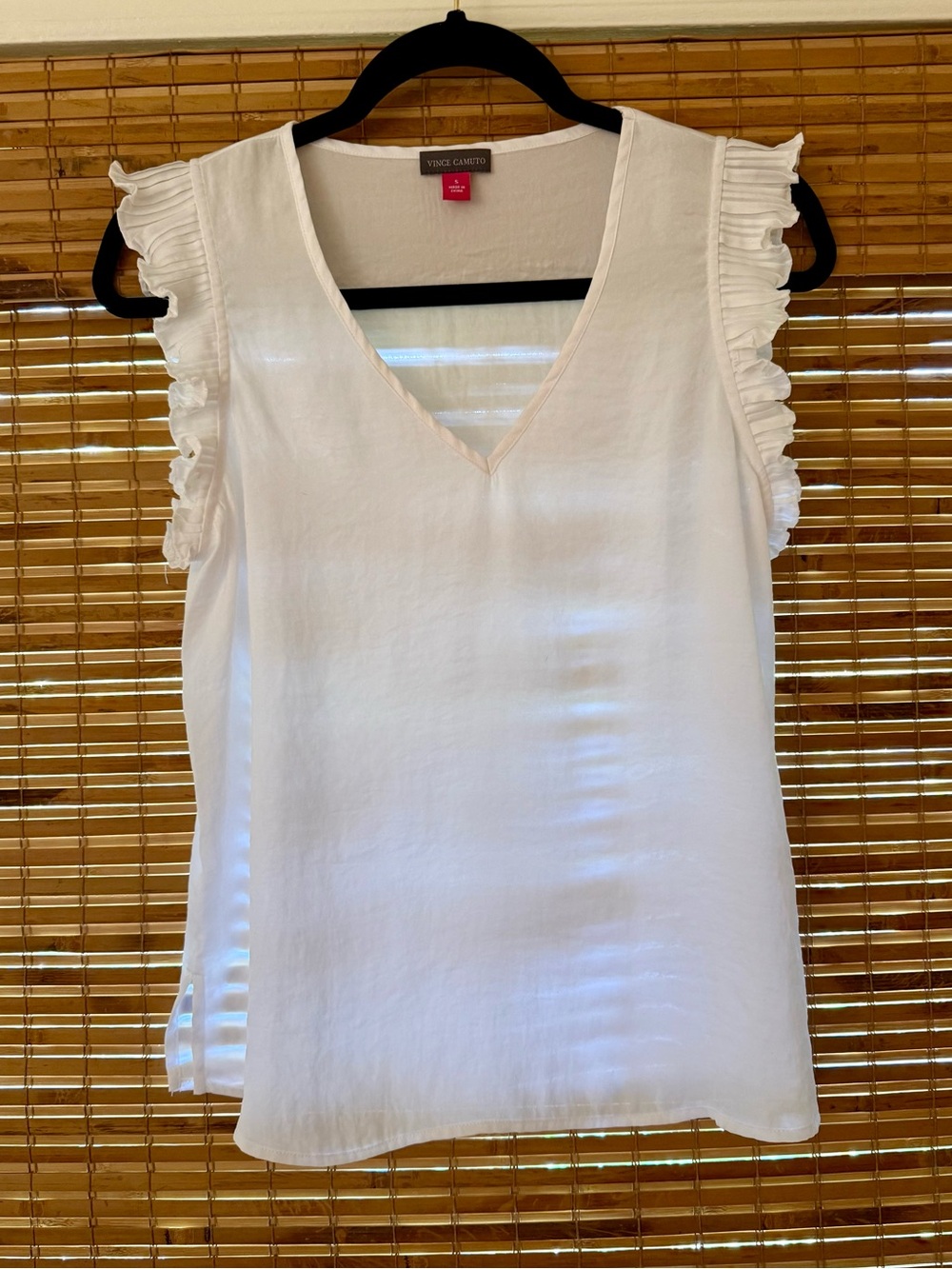 Vince Camuto White Ruffle Sleeve V-Neck Tank